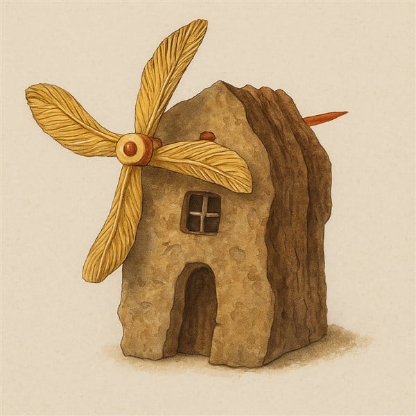 Windmühlen aus Naturmaterial - Baumrinde