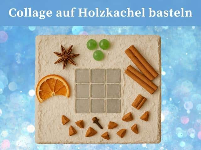Collagen auf Holzkacheln: Bastelidee mit Knöpfen, Muscheln und Naturmaterialien