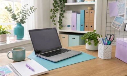 Arbeitsplatz kreativ gestalten - Titelbild: Bild von einem Arbeitsplatz mit Laptop und bunten Akzenten