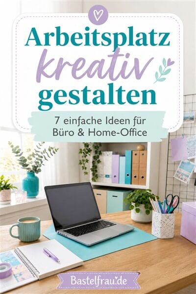 Arbeitsplatz kreativ gestalten - Pinterestbild: Bild von einem Arbeitsplatz mit Laptop und bunten Akzenten