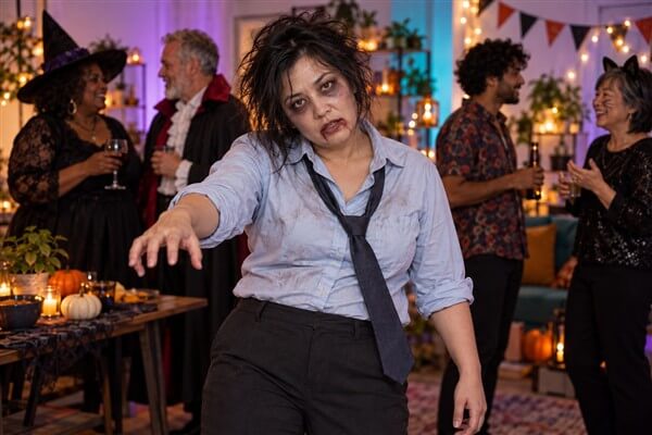 Frau als Bürozombie mit zerknitterter hellblauer Bluse, lockerer Krawatte, zerzausten Haaren und dunklem Zombie-Make-up