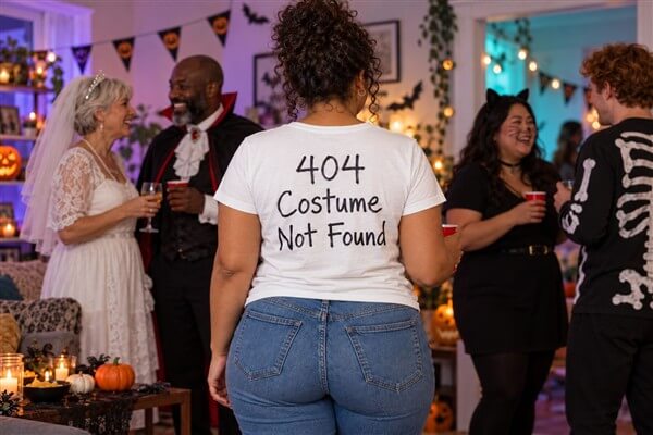 Frau von hinten mit weißem T-Shirt und handgeschriebener Aufschrift „404 Costume Not Found“ auf einer Halloween-Party