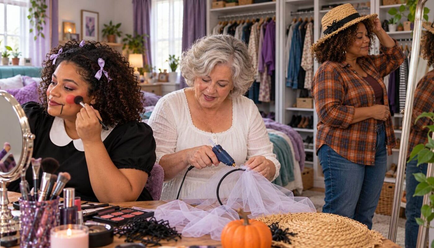 Last Minute Halloween Kostüme vorbereiten: Drei Freundinnen bereiten Halloween-Kostüme vor: Eine schminkt sich am Spiegel, eine befestigt einen Schleier am Haarreif und eine probiert Hemd und Strohhut an.