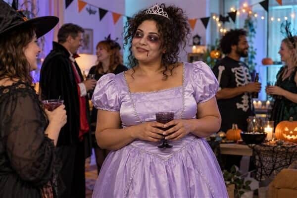 Frau in einem lila Prinzessinnenkostüm mit Diadem, zerzausten Haaren und Zombie-Make-up als Last Minute Halloween Kostüm.