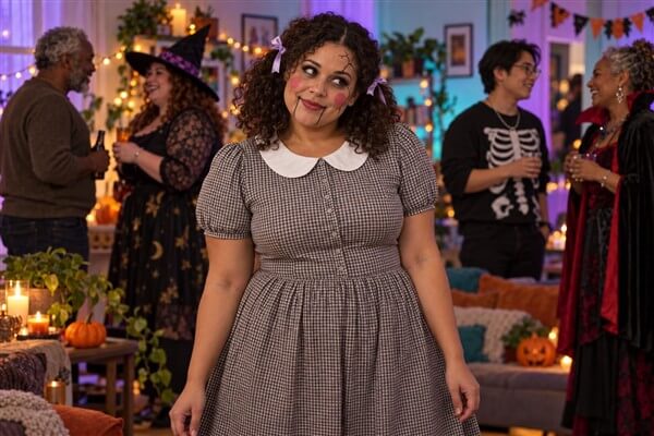 Frau als Gruselpuppe mit Locken und Schleifen, kariertem Kleid, roten Wangen und aufgemalten Mundlinien und Rissen