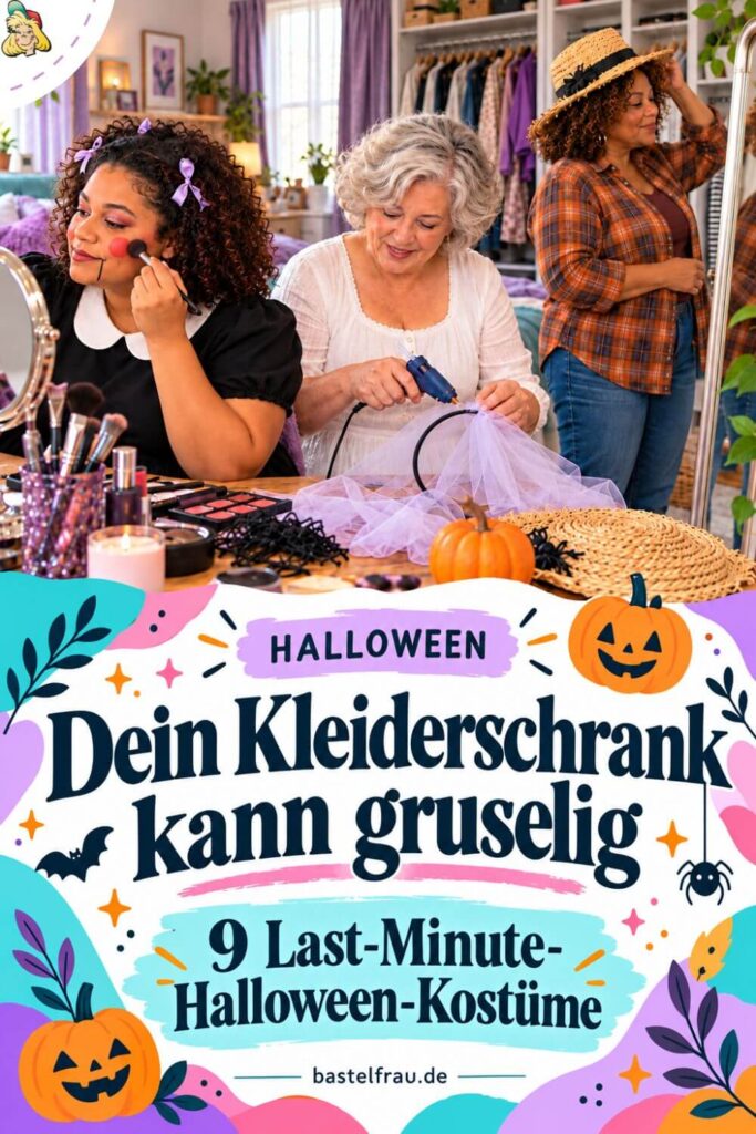 Pinteresbild Last Minute Halloween Kostüme Grafik mit drei Freundinnen die sich fertig machen für eine Party