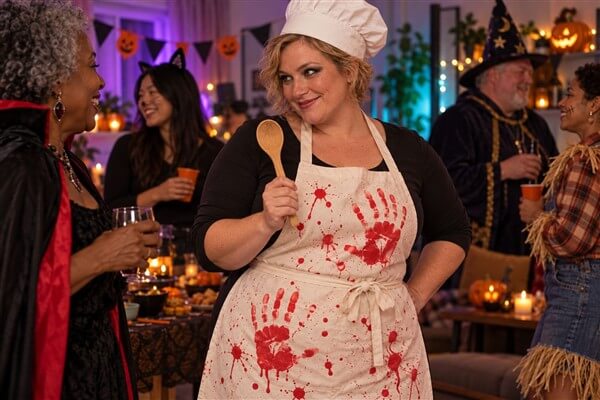 Frau mit Kochmütze und Kochlöffel trägt eine Schürze mit roten Farbspritzern und Handabdrücken als Halloween-Kostüm.