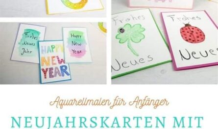 Neujahrskarten basteln mit Aquarellfarbe für Anfänger | Glückssymbole malen
