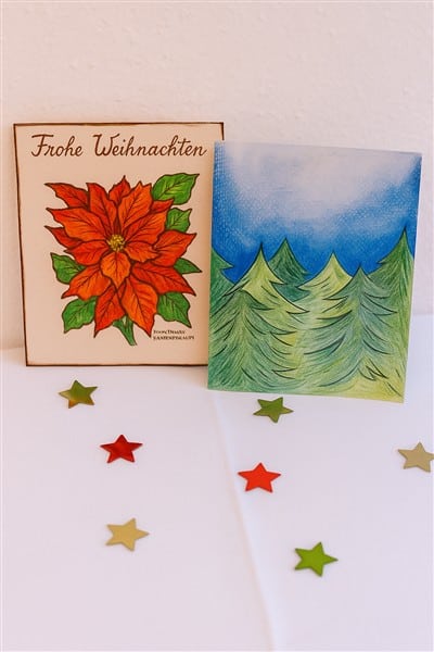 Aquarellkarte Tannenwald: Winterliche Karte in zarten Farben
