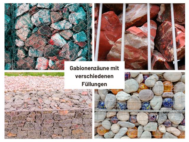 Gabionenzäune mit verschiedenen Füllungen