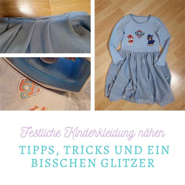 Festliche Kinderkleidung nähen: Titelbild mit Fotocollage vom Kleid, dem Bügelprozess und dem Nähen