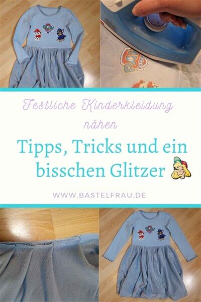 Festliche Kinderkleidung nähen: Pinterestbild mit Fotocollage vom Kleid, dem Bügelprozess und dem Nähen