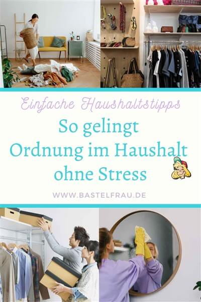 Pinterest-Collage mit einfachen Haushaltstipps: aufgeräumter Kleiderschrank, Frau putzt Spiegel, Frau mit Wäscheberg, Paar räumt Kleiderschrank ein