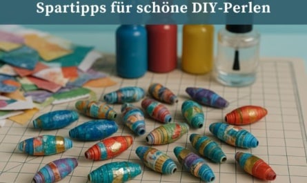 Papierperlen günstig basteln mit bunten Papierresten – handgemachte Perlen bemalt, beklebt und auf einer Bastelunterlage dekorativ arrangiert.