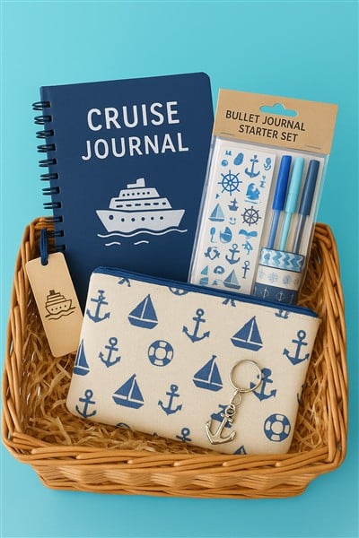 Geschenkkorb für Kreuzfahrt: Reise-Bullet-Journal, Bullet-Journal Starterkit mit Washi-Tape, Stiften und Stickern, Kosmetikbeutel und Lesezeichen - alle Geschenkidden für Kreuzfahrt im maritimen Look