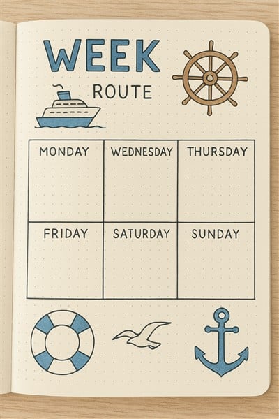Layout Bullet Journal maritime Wochenansicht