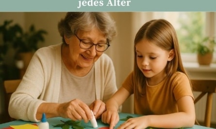 Basteln mit Senioren - Seniorin bastelt mit Enkelkind an einem Tisch mit buntem Papier und Naturmaterialien.