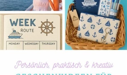 Geschenkideen für Kreuzfahrt: Pinterestbild: Bildcollage: Geschenkkorb Kreuzfahrt, Frauen die begeistert in das weite Meer schauen, Bullet Journal Layout