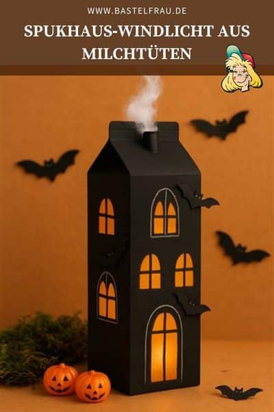 Leere Milchtüte + ein bisschen Farbe = leuchtendes Spukhaus-Windlicht in 20 Minuten. Upcycling-DIY, das Groß & Klein begeistert!