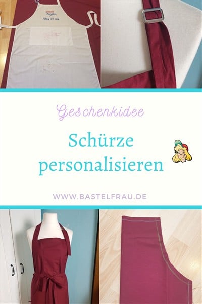 Schürze personalisieren Pinterestbild Collage aus Bildern der fertigen Schürze und des Nähprozesses