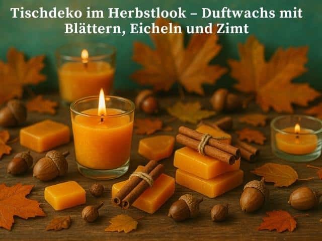 Tischdeko im Herbstlook – Duftwachs mit Blättern, Eicheln und Zimt