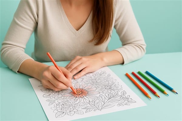 Ausmalbilder für Erwachsene Beispielbild: Eine Frau sitzt an einem Tisch und malt eine Malvorlage mit Buntstiften aus