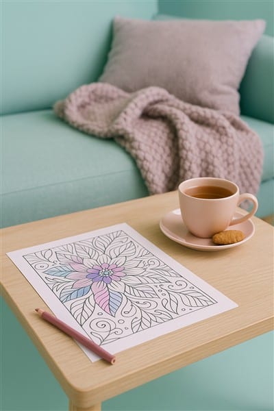 Beispielbild Ausmalbilder für Erwachsene Ritual: Eine Couch mit Kuscheldecke und -kissen, dazu eine Tasse Tee und einen Keks