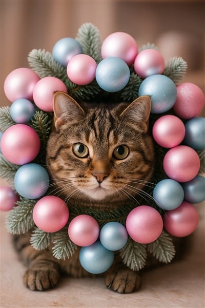 KI Foto von einer getiggerten Katze mit einem Weihnachtskranz mit pastelligen Weihnachtskugeln