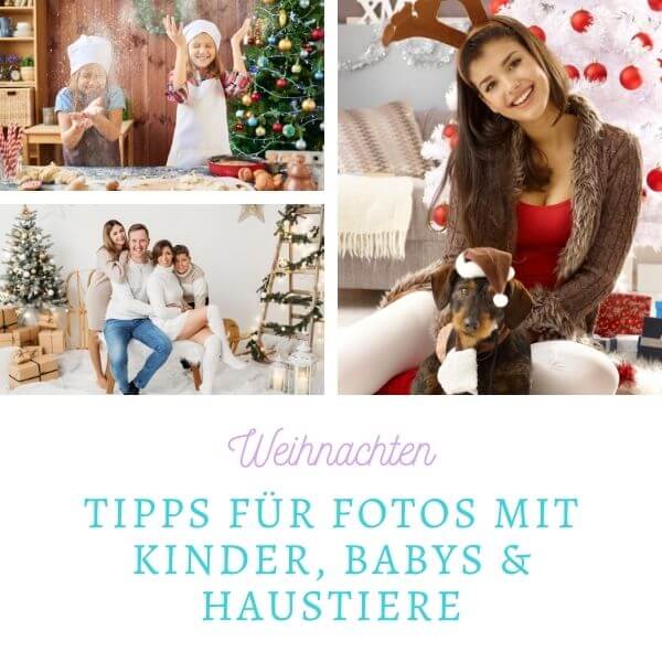 Weihnachtsfotos mit der Familie: Titelbild mit Fotocollage aus 3 weihnachtlichen Bildern mit Kindern und Tieren