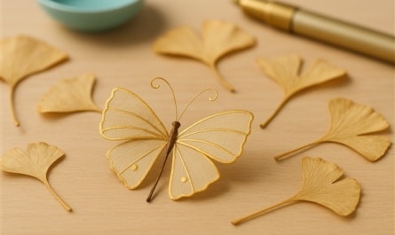 Ginkgo Schmetterling basteln mit goldenen Linien und Kaltporzellan