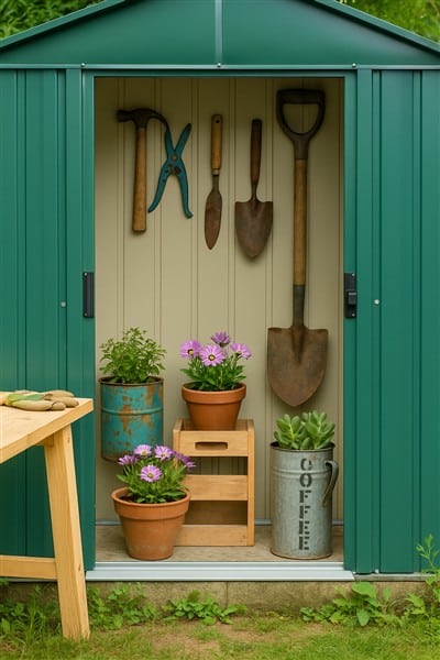 Metall Gartenhaus für Geräte kreativ gestalten