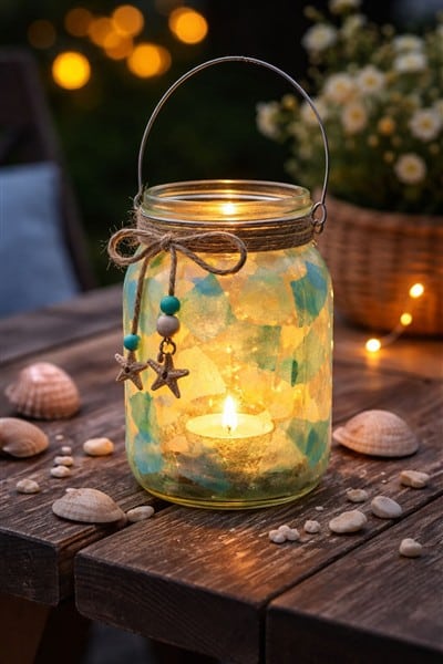 selbstgebasteltes Wndlicht für den Gartentisch