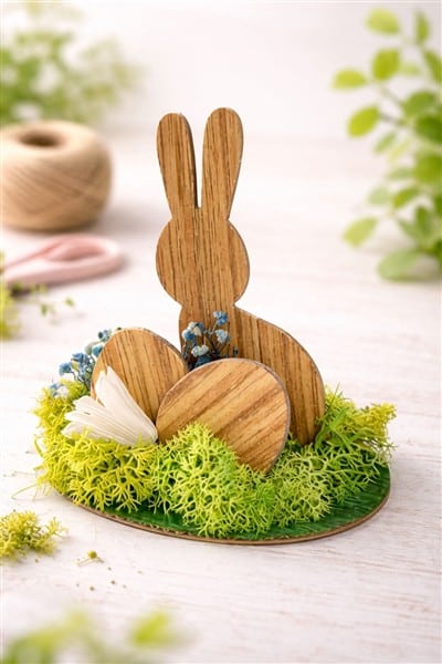 Bild von saisonaler Deko (Hase mit Eiern in Holzoptik) mit künstlichem Moos