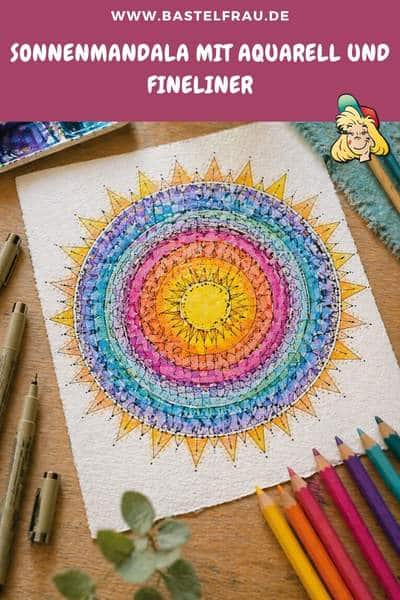Sonnenmandala mit Aquarell und Fineliner