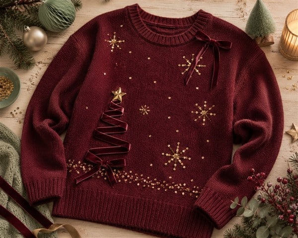 Beispielbild: Roter Pullover mit Sternen aus Pailletten und Weihnachtsbaum aus einem Samtband