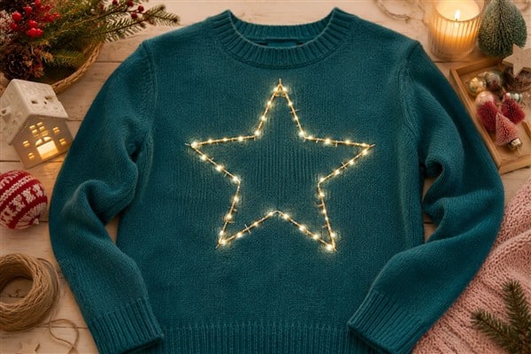 Beispielbild: Petrolfarbener Pullover mit Lichterkette in Sternform