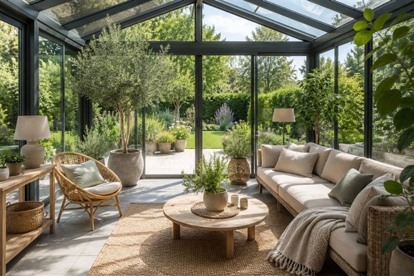 Beispielbild von einem neutralen Wintergarten mit gemütlicher Sitzecke in neutralen braun und beige Ton mit vielen Pflanzen innen und außen