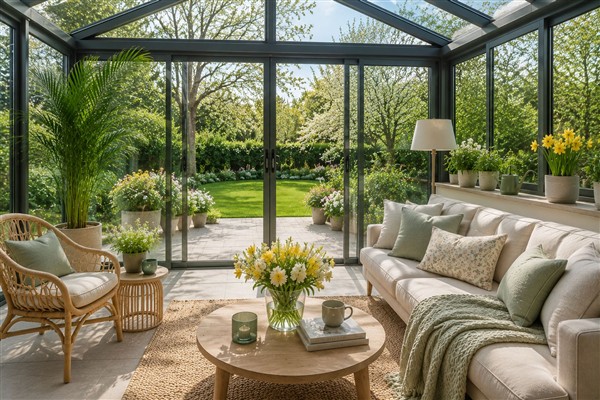 Beispielbild von einem Wintergarten im Frühling mit gemütlicher Sitzecke mit frischen Frühlingsblumen und grünen Textilien
