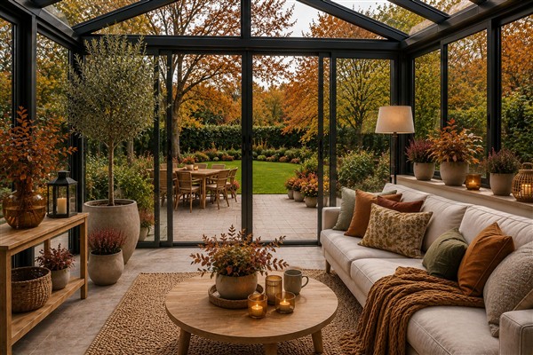 Beispielbild von einen Wintergarten Beispielbild von einem neutralen Wintergarten im Herbst mit gemütlicher Sitzecke in warmen braun und rot Tönen.