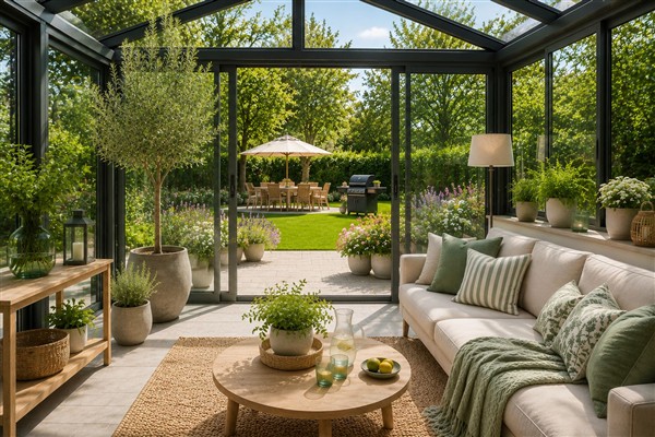 Beispielbild von einem Wintergarten im Sommer mit offener Schiebetür und Grill sowie Sitzecke im Garten