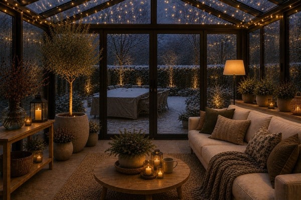 Beispielbild von einem Wintergarten im Winter. Viele Kerzen und Lichterketten, warme Decken und Kissen