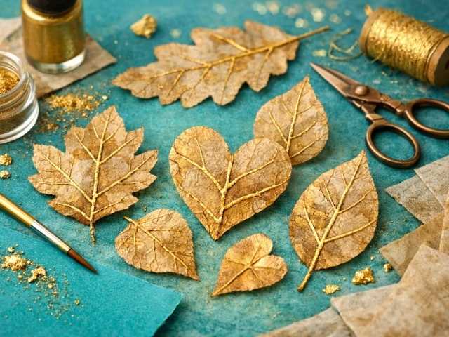 Teebeutelpapier im Kintsugi-Look: Blätter mit goldenen Adern