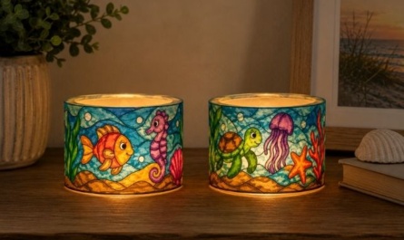 Windlicht im Tiffany-Stil basteln: einfache Dekoidee mit Malvorlage und Folie