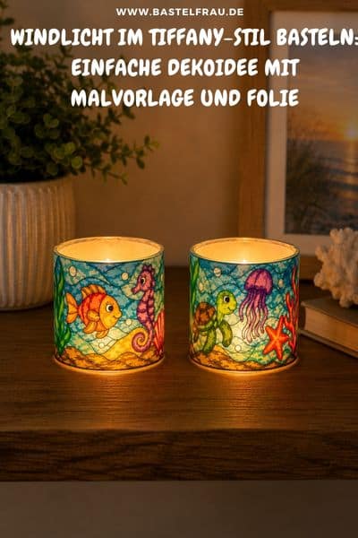 Windlicht im Tiffany-Stil basteln: einfache Dekoidee mit Malvorlage und Folie