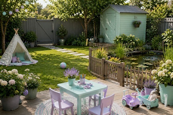 Ein Garten mit Kinderspielecke, Gartenhütte, Kinderzelt und eingezäuntem Gartenteich
