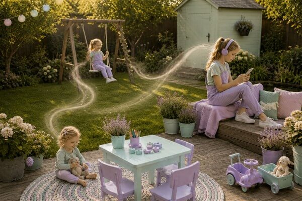 Mädchen spielt in verschiedenen Altersstufen im Garten : Als Kleinkind auf dem Boden mit Spielsachen, als Erstklässlerin auf der Schaukel und als Teenager mit dem Handy auf einer Bank