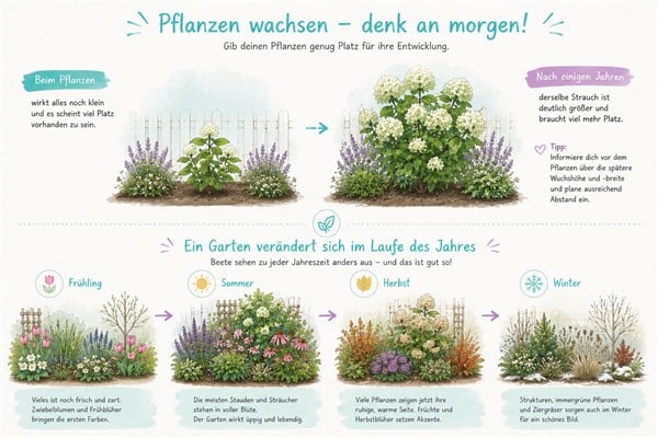 Grafik in der gezeigt wird, dass kleine Pflanzen in Beeten sehr groß werden können und Beete im Laufe der Jahreszeiten anders aussehen, weil andere Pflanzen blühen