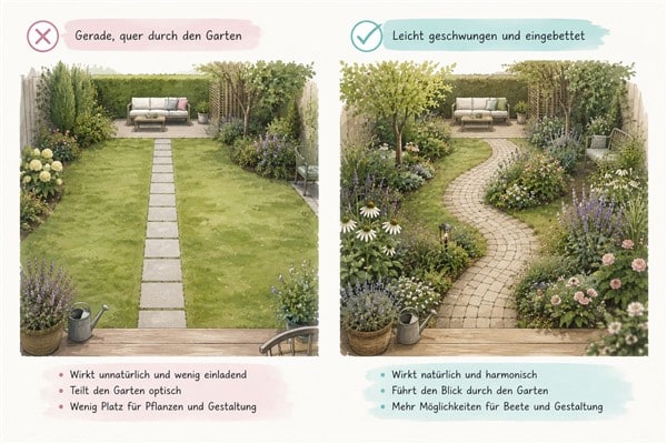 Vergleichsgrafik zwischen zwei Wegen, einer gerade und einer geschwungen