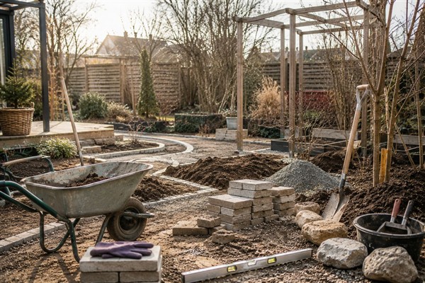 Man sieht einen Garten mit Werkzeug in dem die Wege neu gemacht werden