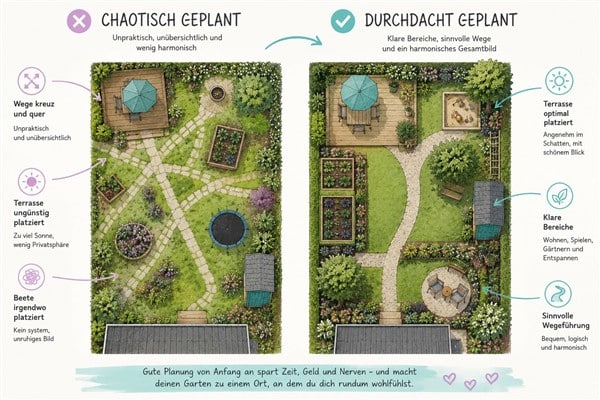 Gegenüberstellung Gartenplan aufgeteilt in Bereichen und nicht auf geteilt in Bereiche